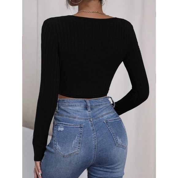 Square Neck Ribbed Knit Crop Tee long sleeve minimalist y2k black - Picture 2 of 6